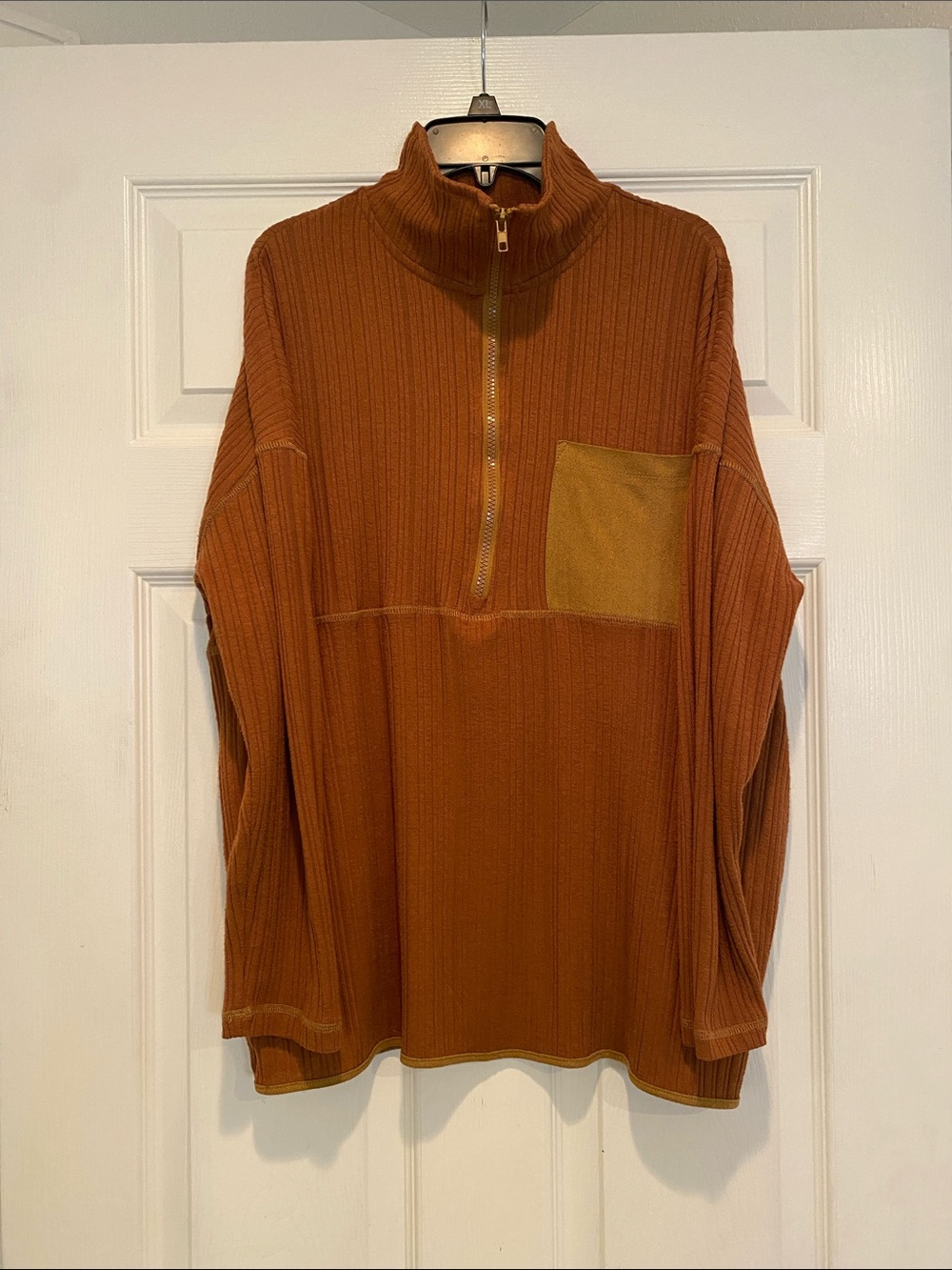 Women’s Quarter-Zip Ribbed Pullover in Rust with Chest Pocket